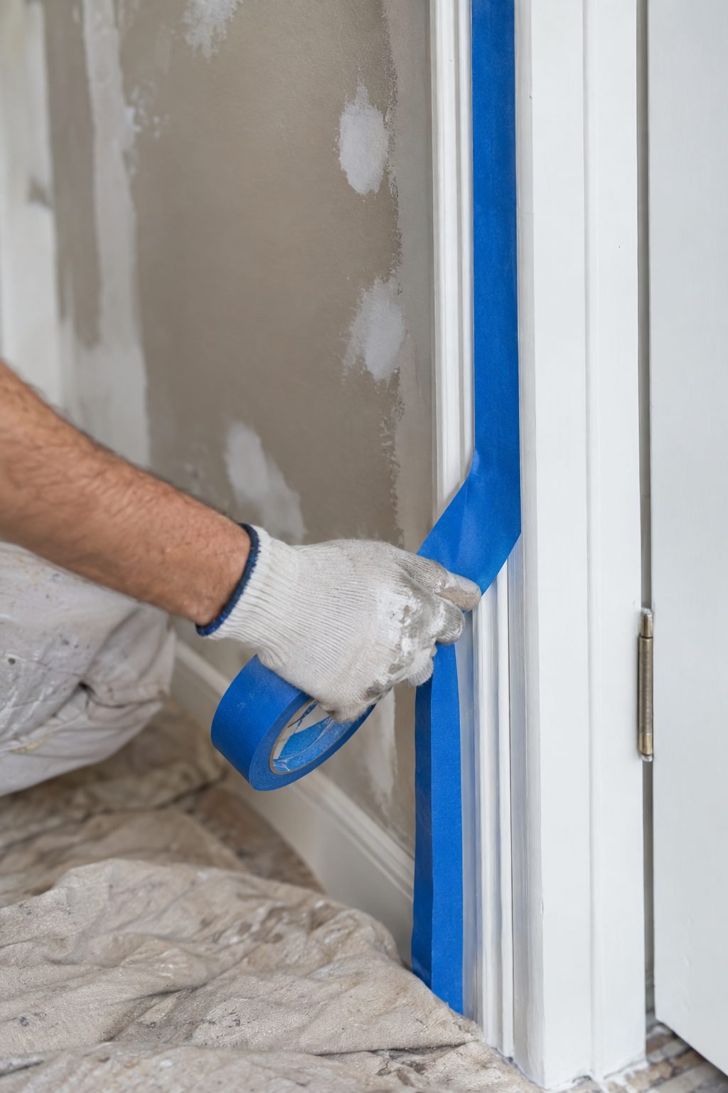painter taping door trim before painting